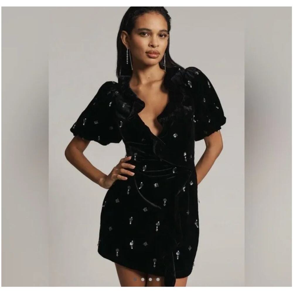 Maeve Black Velvet Mini Dress with Sparkle Embellishments